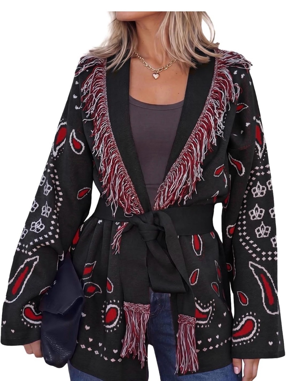 Fringed Open Front Belted Cardigan Sweater - Black & Burgundy